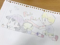 2022 2boys artist_request awkward bad_tag black_hair blush carrying child hat llying lucas_(mother_3) lying mother_(series) mother_2 mother_3 multiple_boys ness_(mother_2) nintendo on_stomach riding rope_snake shirt smile striped_clothes striped_shirt super_smash_bros. traditional_media