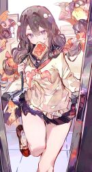 1girl absurdres bag bare_legs black_sailor_collar black_skirt blue_eyes blush bread bread_slice brown_hair cardigan cocoballking commentary flower-shaped_pupils food food_in_mouth foot_out_of_frame hair_between_eyes highres jam knees_together_feet_apart long_hair long_sleeves low_twintails microskirt mouth_hold neckerchief opening_door original pleated_skirt red_neckerchief sailor_collar school_bag school_uniform shoes skirt solo symbol-shaped_pupils thick_thighs thighs toast toast_in_mouth twintails walking yellow_cardigan