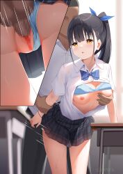 1boy 1girl black_hair black_skirt blue_bow blue_bowtie blue_bra blue_panties bow bowtie bra bra_lift breasts censored clothing_aside desk grabbing_another&#039;s_breast grabbing_from_behind groping hetero highres long_hair medium_breasts miniskirt mosaic_censoring motion_lines nipples open_clothes open_mouth open_shirt original panties panties_aside penis plaid_clothes plaid_skirt pleated_skirt ponytail pussy sakuraba_yui_(sironora) school_desk school_uniform sex sex_from_behind shirt short_sleeves sironora skirt speed_lines standing standing_sex testicles textless_version underwear vaginal white_shirt yellow_eyes