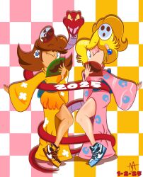 2025 2girls blonde_hair blue_eyes breasts brown_hair cobrat covered_mouth earrings facial_hair flower_earrings happy_new_year highres japanese_clothes jewelry legs long_hair looking_at_viewer luigi mario mario_(series) mask multiple_girls mustache new_year nintendo one_eye_closed phanto princess_daisy princess_peach shy_guy snake super_mario_bros._2 tomboy wink
