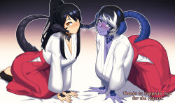 2girls black_hair blush breasts cleavage closed_mouth colored_skin colored_tips commission dragon_horns dragon_tail dyun eyebrows_hidden_by_hair final_fantasy final_fantasy_xiv from_side full-face_blush hakama hanging_breasts highres horns huge_breasts japanese_clothes kimono kneeling large_breasts lips long_hair looking_at_viewer miko multicolored_hair multiple_girls open_mouth ponytail purple_skin red_hakama sapphira_nyx second-party_source short_hair smile tail warrior_of_light_(ff14) white_hair white_kimono