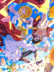 Rule 34 | 2boys, abs, absurdres, black hair, black pants, blonde hair, bracelet, cake, cape, falling, food, hat, highres, holding, holding hands, holding unworn clothes, holding unworn hat, jacket, jewelry, male focus, monkey d. luffy, multiple boys, one piece, open mouth, pants, red cape, sanji (one piece), sash, scar, scar on chest, shirt, short hair, smile, unworn hat, unworn headwear, wciarigatou, white jacket, white shirt, yellow sash