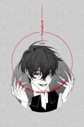 Rule 34 | 1boy, :d, benkdjjituibot, black hair, black skirt, border, circle, coat, collared shirt, double-parted bangs, english text, grey border, hair between eyes, half-closed eye, hands up, highres, kim dokja, looking at viewer, male focus, messy hair, omniscient reader&#039;s viewpoint, open mouth, outside border, portrait, red eyes, shirt, short hair, skirt, slit pupils, smile, solo, spread fingers, white coat