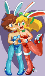 1boy 1girl blonde_hair blue_eyes blush bow bowtie brown_hair bulge capcom eyebrows_hidden_by_hair green_eyes hair_ornament hair_ribbon high_heels leg_strap leotard mega_man_(character) mega_man_(series) nail_polish pantyhose rabbit_hair_ornament ribbon roll_(mega_man) shaxbert slippers wrist_cuffs