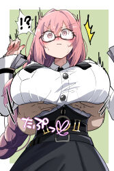 !? 1girl 1other ^^^ absurdres amekurage999 black_skirt blush braid braided_ponytail breasts closed_mouth collared_shirt cowboy_shot glasses grabbing_another&#039;s_breast grabbing_from_behind green_background groping high-waist_skirt highres huge_breasts long_hair long_sleeves pink_eyes pink_hair shirt shirt_tucked_in single_braid skirt solo_focus spoken_interrobang surprised tsukishiro_yanagi white_shirt zenless_zone_zero