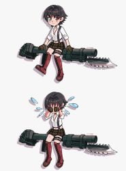 1girl artist_name bike_shorts black_hair boots brown_gloves collared_shirt devil_may_cry devil_may_cry_(series) devil_may_cry_3 gloves green_eyes heterochromia highres jewelry jumpoon kalina_ann_(weapon) lady_(devil_may_cry) midriff multiple_views navel necklace red_boots red_eyes rocket_launcher scar scar_on_face shirt short_hair simple_background smile tears weapon white_shirt