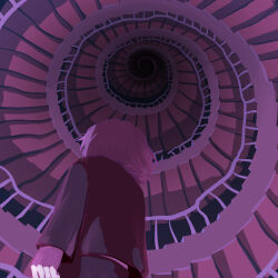 Rule 34 | 1other, absurdres, avogado6, from behind, from below, handrail, highres, long sleeves, medium hair, original, purple hair, purple theme, spiral staircase, stairs, vanishing point, vest