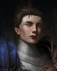 1girl armor artist_name blue_eyes blue_surcoat braid braided_ponytail breastplate brown_hair close-up elden_ring elden_ring:_shadow_of_the_erdtree facial_scar full_armor helmet highres knight looking_at_viewer medium_hair ornate_armor pauldrons plate_armor rellana_twin_moon_knight rinboz scar scar_across_eye scar_on_cheek scar_on_chin scar_on_face scar_on_forehead scar_on_lip scar_on_mouth shoulder_armor solo surcoat unworn_headwear unworn_helmet