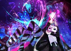 1girl aqua_eyes black_dress black_pantyhose black_shoes blunt_bangs dress highres holding holding_stuffed_toy long_hair mirimo panty_&amp;_stocking_with_garterbelt pantyhose pink_hair purple_background purple_hair shoes sitting solo stocking_(psg) striped_clothes striped_pantyhose stuffed_animal stuffed_toy very_long_hair