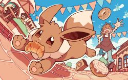 1boy 1girl :3 absurdres animal animal_focus bag bagel blue_sky chasing cinnamon_roll cloud commentary creatures_(company) croissant eevee english_commentary food fourleafisland game_freak gen_1_pokemon gen_2_pokemon highres mouth_hold nintendo outdoors paper_bag pawpads pokemon pokemon_(creature) quilava running sky tail