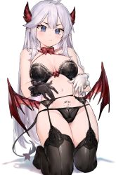 1girl absurdres ahoge asymmetrical_gloves bare_arms bare_shoulders black_bra black_gloves black_panties black_thighhighs blue_eyes bow bowtie bra breasts cleavage commentary criss-cross_halter crotch_seam demon_girl demon_horns demon_tail demon_wings english_commentary frown garter_belt gloves groin halterneck highres horns indie_virtual_youtuber kneeling kuso_miso_technique large_breasts long_hair looking_at_viewer low_wings meme mismatched_gloves navel neonbeat no_shoes panties pointy_ears pout pubic_tattoo shadow simple_background skindentation solo stomach string_bra string_panties tail tail_bow tail_ornament tattoo thighhighs thighs underwear underwear_only v-shaped_eyebrows vei_(vtuber) vei_(vtuber)_(4th_costume) very_long_hair virtual_youtuber white_background white_gloves white_hair wings yaranaika