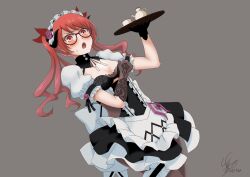 Rule 34 | 1girl, :o, absurdres, apron, bigkaking38, black gloves, breasts, cleavage, cosplay, cup, dress, frederica nikola tesla, frilled apron, frilled dress, frills, glasses, gloves, grey background, highres, holding, holding tray, honkai (series), honkai impact 3rd, long hair, maid, maid apron, maid headdress, open mouth, rita rossweisse, rita rossweisse (cosplay), rita rossweisse (umbral rose), simple background, small breasts, solo, teacup, teapot, tray, twintails, white apron