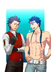 Rule 34 | 2boys, atlus, bad id, bad pixiv id, belt, blue hair, breath, circlet, cosplay, cu chulainn (fate), cu chulainn (fate/stay night), denim, diarmuid ua duibhne (fate), diarmuid ua duibhne (lancer) (fate), fate/stay night, fate/zero, fate (series), gloves, jeans, kanna nobutoshi, male focus, midorikawa hikaru, multiple boys, pants, parody, persona, persona 3, sakaki takaya, sakaki takaya (cosplay), san moto, sanada akihiko, sanada akihiko (cosplay), school uniform, studded belt, topless male, vest, voice actor connection