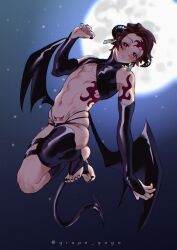 1boy asymmetrical_legwear black_nails bridal_gauntlets bridal_legwear brown_hair chromatic_aberration commentary_request demon_boy demon_horns demon_tail demon_wings earrings floating forehead_tattoo full_body full_moon grape_gogo hanafuda_earrings highres horns jewelry kamado_tanjirou kimetsu_no_yaiba low_wings male_focus male_swimwear moon nail_polish night pubic_tattoo red_eyes russian_commentary solo swim_briefs tail tattoo thigh_strap toeless_legwear toenail_polish toenails turtleneck wings