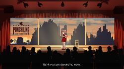 Rule 34 | 1girl, blonde hair, collared shirt, commentary, english text, eyewear on head, flandre scarlet, highres, holding, holding microphone, mary janes, microphone, one side up, pointy ears, puffy short sleeves, puffy sleeves, red eyes, red skirt, red vest, shirt, shoes, short hair, short sleeves, silhouette, skirt, socks, stage, stage lights, stool, symbol-only commentary, touhou, vest, white shirt, wings, yoruny