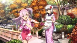 Rule 34 | 2girls, :d, apron, autumn leaves, blue eyes, bow, bridge, chestnut, day, floral print, flower, food, fruit, game cg, hair bow, hair flower, hair ornament, headscarf, holding, holding tray, japanese clothes, kimono, leaf, long hair, looking at viewer, maid apron, medium hair, multiple girls, mushroom, non-web source, official art, open mouth, orange eyes, outdoors, parted lips, persimmon, pink hair, pink kimono, print kimono, satsuki yomi, shiitake, short kimono, short sleeves, short yukata, smile, standing, sweet potato, toji no miko, toji no miko: kizamishi issen no tomoshibi, tray, tree, tsubakuro yume, white apron, wooden tray, yukata