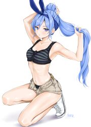 1girl animal_ears arm_up armpits bae_minah_(chaesu) bare_legs black_sports_bra blue_eyes blue_hair blue_hairband blush brown_shorts chaesu collarbone commentary english_commentary eyelashes fake_animal_ears full_body hair_between_eyes hairband highres legs long_hair looking_at_viewer navel open_fly original ponytail rabbit_ears shoes short_shorts shorts signature simple_background sneakers solo sports_bra stomach thighs very_long_hair white_shoes