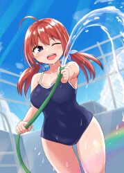 1girl blue_eyes blush breasts cleavage highres hose large_breasts one-piece_swimsuit one_eye_closed open_mouth original pool rainbow red_hair senshiya smile solo swimsuit twintails