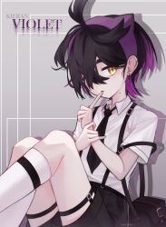 Rule 34 | 1boy, absurdres, alternate costume, antenna hair, black hair, black necktie, black shorts, brown eyes, collared shirt, colored inner hair, earrings, highres, index finger raised, jewelry, kieran (pokemon), kneehighs, looking at viewer, male focus, mole, mole on neck, multicolored hair, necktie, nintendo, nunsul163, pokemon, pokemon sv, purple hair, shirt, short hair, short sleeves, shorts, socks, solo, white socks