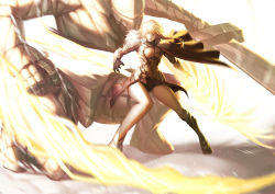 Rule 34 | 1girl, absurdres, alternate costume, armor, armored dress, artoria pendragon (fate), artoria pendragon (lancer) (fate), blonde hair, breasts, cape, dress, fate/grand order, fate (series), female focus, full body, fur trim, gauntlets, greaves, green eyes, highres, looking at viewer, medium breasts, solo, standing, swept bangs, tollrin-senpai
