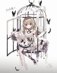 1girl absurdres birdcage black_butterfly blonde_hair blush_stickers bug butterfly cage closed_mouth commentary_request commission commissioner_name detached_sleeves dress feathers frilled_sleeves frills full_body gradient_background green_eyes hand_up highres insect leg_ribbon long_hair long_sleeves looking_at_viewer original ribbon shuu_(syuuuuuuuuuu) signature simple_background sitting skeb_commission sleeveless sleeveless_dress sleeves_past_fingers sleeves_past_wrists smile solo white_background white_dress white_ribbon white_sleeves