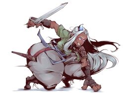 amulet armor ass before_the_dawn_(series) blue_eyes blue_sash boots breasts dark-skinned_female dark_skin earrings gauntlets green_tunic grin highres horns huge_ass jewelry lace-up_boots large_hands leather_strap long_hair necklace non-web_source original pauldrons sash short_sword shoulder_armor single_horn single_pauldron small_breasts smile squatting sword theo_kris_(artist) thick_thighs thighs tunic weapon white_hair