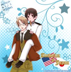 Rule 34 | 2boys, america (hetalia), axis powers hetalia, black hair, blonde hair, blue eyes, brown eyes, food, glasses, japan (hetalia), male focus, multiple boys, piggyback, short hair, sushi, wink