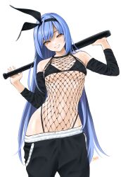 1girl bae_minah_(chaesu) bare_shoulders baseball_bat black_hairband black_pants black_sleeves blue_eyes blue_hair breasts chaesu cowboy_shot detached_sleeves fishnet_top fishnets grin hairband highres holding holding_baseball_bat long_hair looking_at_viewer medium_breasts navel orange_eyes original pants shiny_skin simple_background smile solo teeth white_background white_pants