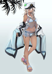 10mo 1girl absurdres alternate_costume bare_shoulders bikini blonde_hair breasts cape clover collared_shirt cross dark-skinned_female dark_skin four-leaf_clover full_body gradient_background grey_background guilty_gear guilty_gear_strive hair_between_eyes hat highres long_hair looking_at_viewer medium_breasts navel off_shoulder orange_eyes palm_leaf ramlethal_valentine revision sandals see-through_clothes see-through_cape see-through_shirt see-through_skirt shirt side-tie_bikini_bottom sidelocks skirt solo swimsuit thighs white_background white_bikini