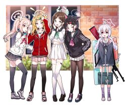 5girls :d adjusting_hair after-school_sweets_club_(blue_archive) ahoge airi_(blue_archive) animal_ears bag beads black_choker black_coat black_hair black_jacket black_pantyhose black_skirt black_thighhighs blonde_hair blue_archive blue_hair blurry bren_lmg brown_hair bullying cat_ears cat_girl cellphone choker coat colored_inner_hair depth_of_field empty_eyes extra_ears food-themed_hair_ornament forehead green_eyes grey_skirt gun hair_beads hair_between_eyes hair_ornament hair_rollers hair_scrunchie halo holding holding_bag holding_carton holding_milk_carton holding_phone hood hooded_jacket ice_cream_hair_ornament jacket kazusa_(blue_archive) leaning_forward light_blue_hair light_machine_gun long_hair long_sleeves looking_at_another machine_gun milk_carton miniskirt mouth_hold multicolored_hair multiple_girls natsu_(blue_archive) open_clothes open_coat open_mouth orange_eyes outdoors pantyhose pendant_choker phone picter pink_hair pink_skirt plaid_clothes plaid_skirt pleated_skirt purple_eyes purple_hair red_eyes red_jacket reisa_(blue_archive) rifle riot_shield school_bag school_uniform scrunchie serafuku shaded_face shield short_hair shoulder_bag side_ponytail sidelocks skirt smartphone smile star_(symbol) star_hair_ornament streaked_hair sweater_jacket taking_picture thighhighs twintails two-tone_hair two_side_up weapon weapon_on_back white_serafuku white_skirt white_thighhighs yoshimi_(blue_archive) zettai_ryouiki