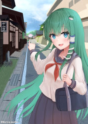 1girl :d absurdres alternate_costume architecture bag baruka=gacha blue_eyes blue_sailor_collar blue_skirt blush breasts cloud collarbone collared_shirt dot_nose east_asian_architecture facing_viewer frog_hair_ornament green_hair hair_intakes hair_ornament hair_tubes highres holding holding_bag kochiya_sanae long_hair long_sleeves looking_at_viewer medium_breasts neckerchief open_mouth outdoors pointing pov red_neckerchief sailor_collar school_bag school_uniform serafuku shirt signature single_hair_tube single_sidelock skirt skirt_set sky smile snake_hair_ornament solo touhou twitter_username upper_body
