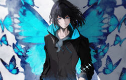 1boy absurdres antinese black_hair black_jacket blue_butterfly blue_eyes blue_jacket blue_shirt bug butterfly butterfly_wings fate/grand_order fate_(series) highres hood hood_down hooded_jacket insect insect_wings jacket long_sleeves male_focus multicolored_jacket oberon_(fate) oberon_(moody_summer_oberon)_(fate) oberon_(third_ascension)_(fate) shirt short_hair smile solo two-tone_jacket wings