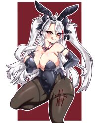 Rule 34 | 1girl, animal ears, areola slip, azur lane, bare shoulders, black gloves, black leotard, black ribbon, blush, breasts, closed mouth, collar, covered navel, detached collar, elbow gloves, eyelashes, fake animal ears, feet out of frame, female focus, foot up, gloves, grey pantyhose, hair ribbon, hand on own chest, hand on own hip, highleg, highleg leotard, large breasts, leg tattoo, leotard, licking lips, long hair, looking at viewer, miyako.noh, naughty face, pantyhose, playboy bunny, prinz eugen (azur lane), rabbit ears, red background, red collar, ribbon, simple background, smile, solo, standing, standing on one leg, strapless, strapless leotard, tattoo, thighs, tongue, tongue out, two-tone background, two-tone collar, two side up, white background, white collar, white hair, wide hips, wrist cuffs, yellow eyes