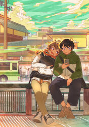 2boys backpack bag black_hair black_pants blush brown_hair brown_pants building cellphone closed_mouth cloud commentary_request day highres holding holding_bag holding_phone jacket leaning_on_person leaning_to_the_side long_sleeves male_focus multiple_boys nagare750 on_railing original outdoors pants phone power_lines railing scarf sitting sky utility_pole