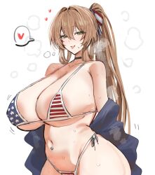 1girl alternate_costume american_flag american_flag_bikini american_flag_print bikini breasts brown_hair choker collarbone covered_erect_nipples flag_print flag_print_bikini girls&#039;_frontline girls&#039;_frontline_2:_exilium green_eyes hair_between_eyes heart highres horn/wood large_breasts looking_at_viewer navel navel_piercing off_shoulder piercing ponytail print_bikini side-tie_bikini_bottom springfield_(girls&#039;_frontline) springfield_(girls&#039;_frontline_2) steaming_body swimsuit tongue tongue_out white_background