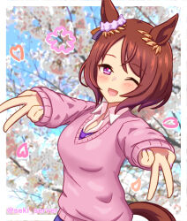 1girl ;d alternate_costume animal_ears blurry blurry_background breasts brown_hair cardigan commentary_request double_gyaru_v double_v foreshortening gyaru_v hair_between_eyes hair_ornament heart horse_ears horse_girl horse_tail looking_at_viewer medium_breasts medium_hair necktie one_eye_closed open_mouth pink_eyes sakura_laurel_(umamusume) seki_(hyokosho) smile solo tail twitter_username umamusume upper_body v