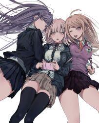 3girls ahoge akamatsu_kaede black_gloves blonde_hair braid breasts brown_hair brown_skirt collared_shirt danganronpa:_trigger_happy_havoc danganronpa_(series) danganronpa_2:_goodbye_despair danganronpa_v3:_killing_harmony flipped_hair fortissimo gloves hair_between_eyes hair_ornament highres jacket kirigiri_kyoko large_breasts long_hair long_sleeves looking_at_viewer medium_hair multiple_girls musical_note musical_note_hair_ornament nanami_chiaki neck_ribbon necktie open_clothes open_jacket open_mouth pink_eyes pink_ribbon pleated_skirt ribbon school_uniform shirt skirt smile spaceship_hair_ornament sweater_vest thighhighs umesigeissei vest white_background white_shirt