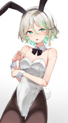 Rule 34 | 1girl, alternate costume, animal ears, aotake iro, black bow, black bowtie, black pantyhose, blush, bow, bowtie, braid, breasts, cecilia immergreen, commentary, cowboy shot, detached collar, doll joints, fake animal ears, fake tail, gradient background, green eyes, green hair, grey hair, highres, hololive, hololive english, joints, leotard, looking at viewer, open mouth, pantyhose, playboy bunny, rabbit ears, rabbit tail, romaji commentary, short hair, simple background, single braid, small breasts, solo, strapless, strapless leotard, tail, virtual youtuber, white background, white leotard, white wrist cuffs, wrist cuffs