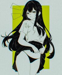 1girl black_panties blush breasts clothes_lift collared_shirt cowboy_shot floating_hair hair_between_eyes hectorrambito highres long_hair medium_breasts monochrome original panties school_uniform shirt simple_background skirt skirt_lift solo thighs underwear upper_body