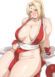 Rule 34 | 1girl, blonde hair, blush, breasts, breasts apart, brown eyes, clothes lift, cosplay, dress, facial mark, forehead mark, hair ribbon, huge breasts, japanese clothes, kisuu, lips, long hair, mature female, naruto (series), no panties, obi, pelvic curtain, pelvic curtain lift, ponytail, red dress, ribbon, rope, sash, shiranui mai (cosplay), sitting, solo, thick thighs, thighs, tsunade (naruto), white background