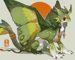 animal_ears animal_feet braid bul_(moiko) claws creature creature_focus dragon feathers fins full_body gem green_feathers green_fur green_scales head_fins horns jewelry mane no_humans original red_eyes red_gemstone signature simple_background single_horn sun twin_braids yellow_feathers