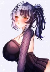 Rule 34 | 1girl, absurdres, adapted costume, alternate costume, black choker, black dress, black hair, blunt bangs, blush, breasts, choker, cleavage, colored tongue, commentary, craymer, dress, fishnet sleeves, fishnets, grey hair, hair ornament, highres, hololive, hololive english, lace, lace-trimmed choker, lace choker, lace trim, large breasts, long hair, looking at viewer, makeup, multicolored hair, open mouth, shiori novella, shiori novella (1st costume), simple background, smile, solo, split-color hair, symbol-only commentary, two-tone hair, virtual youtuber, white background, yellow eyes, yellow lips, yellow tongue