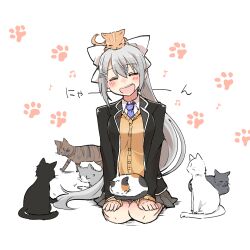 Rule 34 | 1girl, :d, animal, animal on head, black cat, black jacket, blazer, blush stickers, bow, brown cardigan, cardigan, cat, closed eyes, collared shirt, facing viewer, full body, grey hair, grey skirt, hair bow, hair ornament, hairclip, head tilt, higuchi kaede, higuchi kaede (1st costume), jacket, mole, mole under eye, motion lines, necktie, nijisanji, on head, open clothes, open jacket, open mouth, pleated skirt, ponytail, purple necktie, rebecca (keinelove), school uniform, seiza, shirt, simple background, sitting, skirt, smile, solo, translation request, virtual youtuber, white background, white bow, white cat, white shirt, | |