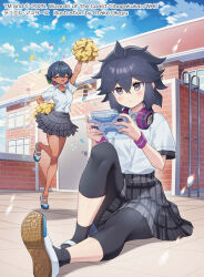 2girls aogiri_shinobu arm_up black_hair black_socks closed_eyes closed_mouth cloud cloudy_sky confetti copyright_notice detached_leggings dragon_musume_ni_naritakunai! duel_masters expressionless green_hair handheld_game_console headphones headphones_around_neck holding holding_handheld_game_console knee_up medium_hair multicolored_eyes multicolored_hair multiple_girls official_art okanoyuno open_mouth outdoors pink_hair plaid_clothes plaid_skirt playing_games pom_pom_(cheerleading) purple_eyes rooftop school_uniform shirt shoes short_hair sitting skirt sky smile socks sparkle standing standing_on_one_leg teiozaka_mumu uwabaki white_shirt wristband