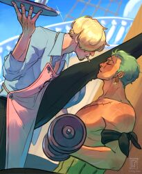 2boys bara cigarette couple cowboy_shot day dumbbell earrings exercising face-to-face foot_kabedon green_hair highres holding holding_dumbbell jacket_mine jewelry kabedon large_pectorals male_focus multiple_boys muscular muscular_male one_piece pectorals profile roronoa_zoro sanji_(one_piece) scar scar_across_eye scar_on_face ship short_hair standing watercraft weightlifting yaoi