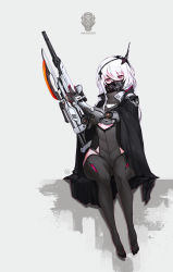 1girl arm_cannon bayonet cloak cyborg female_focus full_body gas_mask grey_background gun headgear high_collar highres long_hair looking_at_viewer mask original pink_eyes prosthesis prosthetic_arm rifle simple_background sitting solo thighhighs weapon white_hair wide_hips wookyung