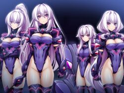 4girls amakubo_yuri armor azarin_(kouyoku_senki_exs-tia) black_gloves breasts cleavage cleavage_cutout clothing_cutout covered_navel cowboy_shot elbow_gloves expressionless exs-slave exs-slave_alpha exs-slave_beta exs-slave_delta exs-slave_gamma game_cg gloves gluteal_fold groin hair_intakes highleg highleg_leotard katsuragi_marina kouyoku_senki_exs-tia large_breasts large_variant_set leotard long_hair looking_at_viewer medium_breasts multiple_girls non-web_source official_art pauldrons ponytail purple_eyes purple_leotard rieszverne_suzette_paladill shield shoulder_armor sidelocks standing thigh_gap thighhighs variant_set very_long_hair white_hair