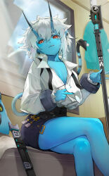 1girl absurdres bare_legs blue_skin breasts collared_shirt colored_skin cosplay crossed_legs demon_horns demon_tail ear_piercing foxrain glasses hair_between_eyes highres horns long_sleeves miniskirt oni pencil_skirt piercing pointy_ears red_eyes shirt shirt_tucked_in short_eyebrows short_hair sitting skirt small_breasts smile soukaku_(zenless_zone_zero) tail thick_eyebrows thighs tsukishiro_yanagi tsukishiro_yanagi_(cosplay) unbuttoned unbuttoned_shirt unworn_eyewear white_hair white_shirt zenless_zone_zero