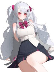 1girl absurdres arm_support bare_legs bare_shoulders belt black_skirt bow bowtie breasts brooch buttons closed_mouth collared_shirt commentary_request commission grey_jacket hair_ornament hair_ribbon hairclip hantata high-waist_skirt highres jacket jewelry korean_commentary large_breasts long_hair looking_at_viewer off_shoulder original red_eyes ribbon riche_leilani second-party_source shirt shirt_partially_tucked_in simple_background sitting skirt sleeveless sleeveless_shirt solo two_side_up very_long_hair white_background white_hair white_shirt