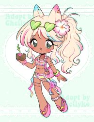 Rule 34 | 1girl, 2000s (style), absurdres, adoptable, bag, bag charm, bikini, blonde hair, character charm, charm (object), chellyko, coconut cup, commentary, dark-skinned female, dark skin, english commentary, faux retro artstyle, flower, flower necklace, green eyes, gyaru, hair flower, hair ornament, handbag, hello kitty, hello kitty (character), highres, jewelry, lei, long hair, looking at viewer, manba gyaru, multicolored hair, necklace, original, pink sandals, ponytail, sandals, sanrio, smile, solo, streaked hair, sunglasses, swimsuit, tan hello kitty